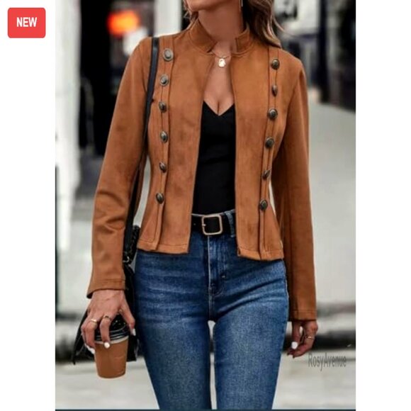 Faux Suede Leather Jacket Cropped Blazer Slim Waist Long Sleeve - Picture 3 of 5